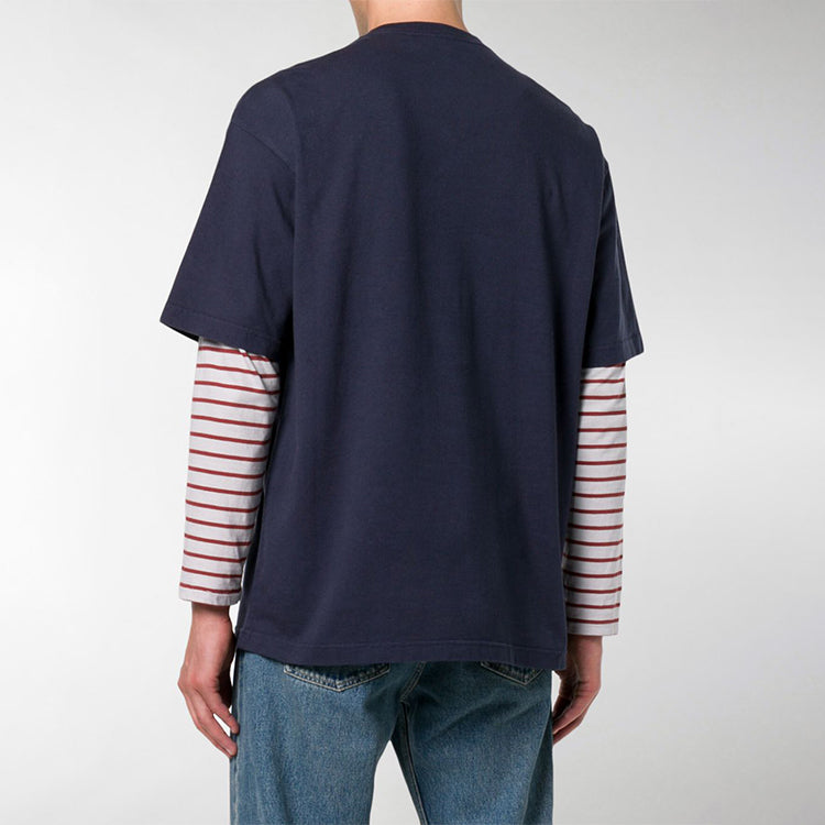 Men's Balenciaga Logo Round Neck Short Sleeve Navy Blue 535622TAV044128