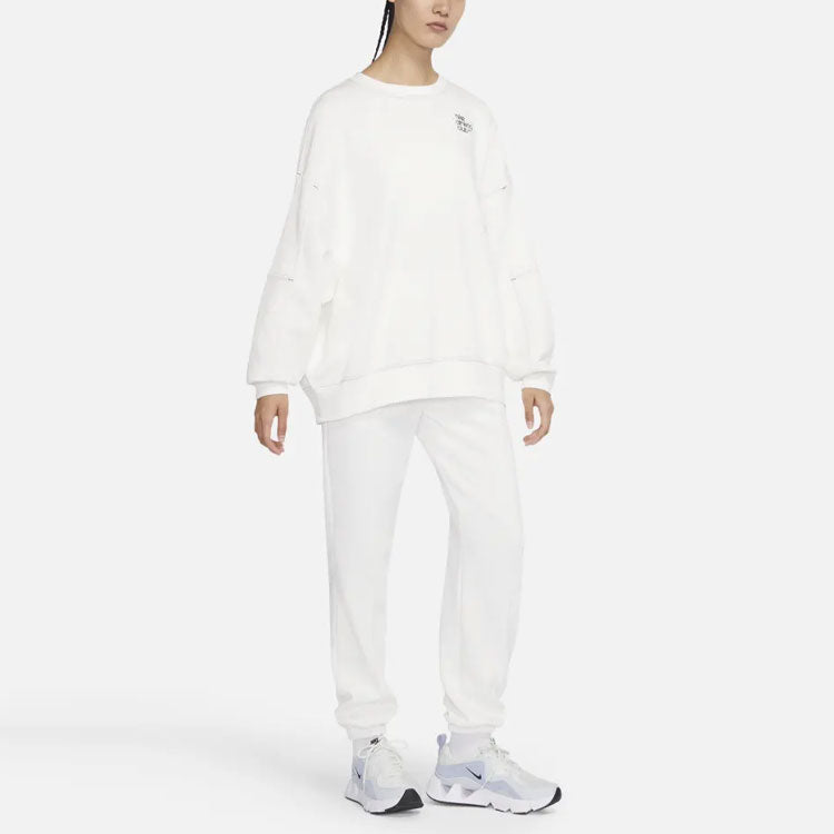 (WMNS) Nike SS22 Sportswear Athletic Club Printing Fleece Round-neck Swea White DQ9146-133