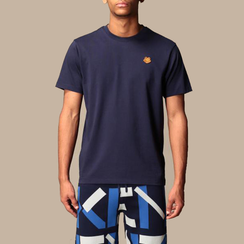 Men's KENZO SS22 Small Tiger Head Pattern Embroidered Round Neck Short Sleeve Navy Blue FB55TS0034SA-76