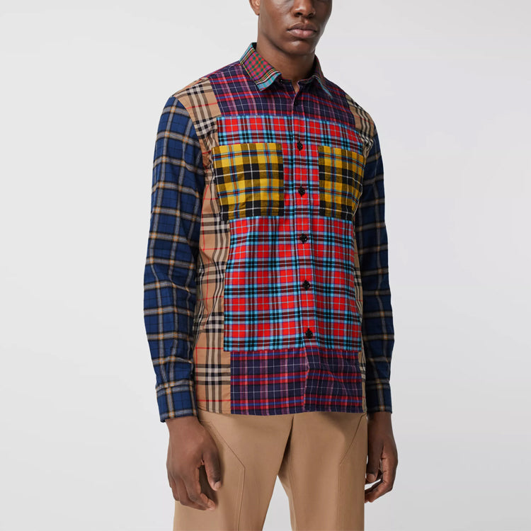 Men's Burberry Colorblock Plaid Loose Shirt Navy Blue 80343781