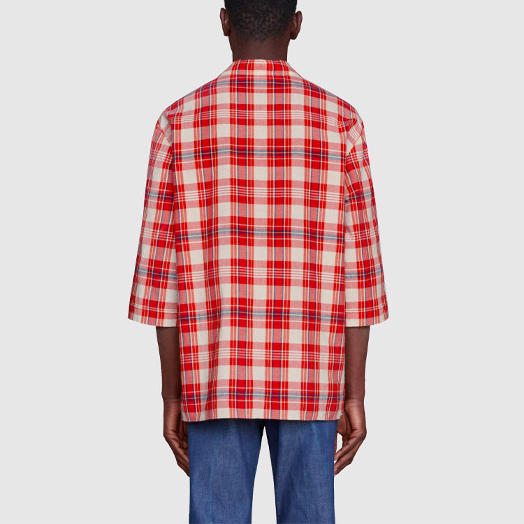 Gucci FW21 animal Embroidered Plaid Short Sleeve Shirt Red 653446-ZAG0O-6172