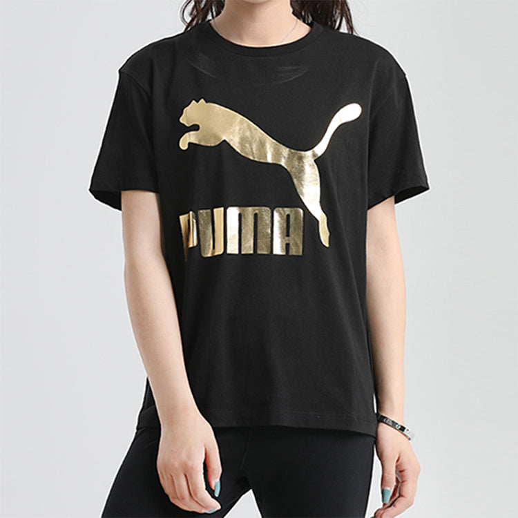 (WMNS) PUMA Classic Logo Printing Round Neck Sports Short Sleeve Black 530005-61