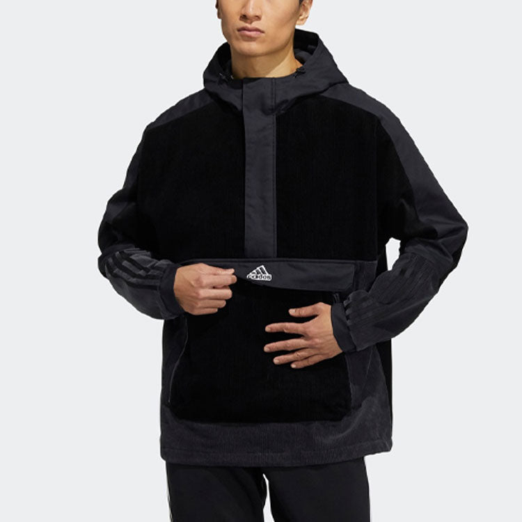 adidas M Corduroy Ank Half Zipper Splicing Sports hooded Logo Jacket Black HD0365