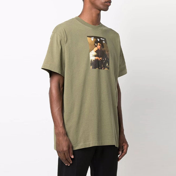 Men's Off-White FW21 Painting Printing Round Neck Short Sleeve Loose Fit Green T-Shirt OMAA038F21JER0055584