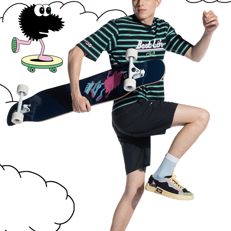 FILA FUSION x Jeremyville Crossover Contrasting Colors Stripe Printing Loose Short Sleeve Couple Style Green T11U139108F-BK