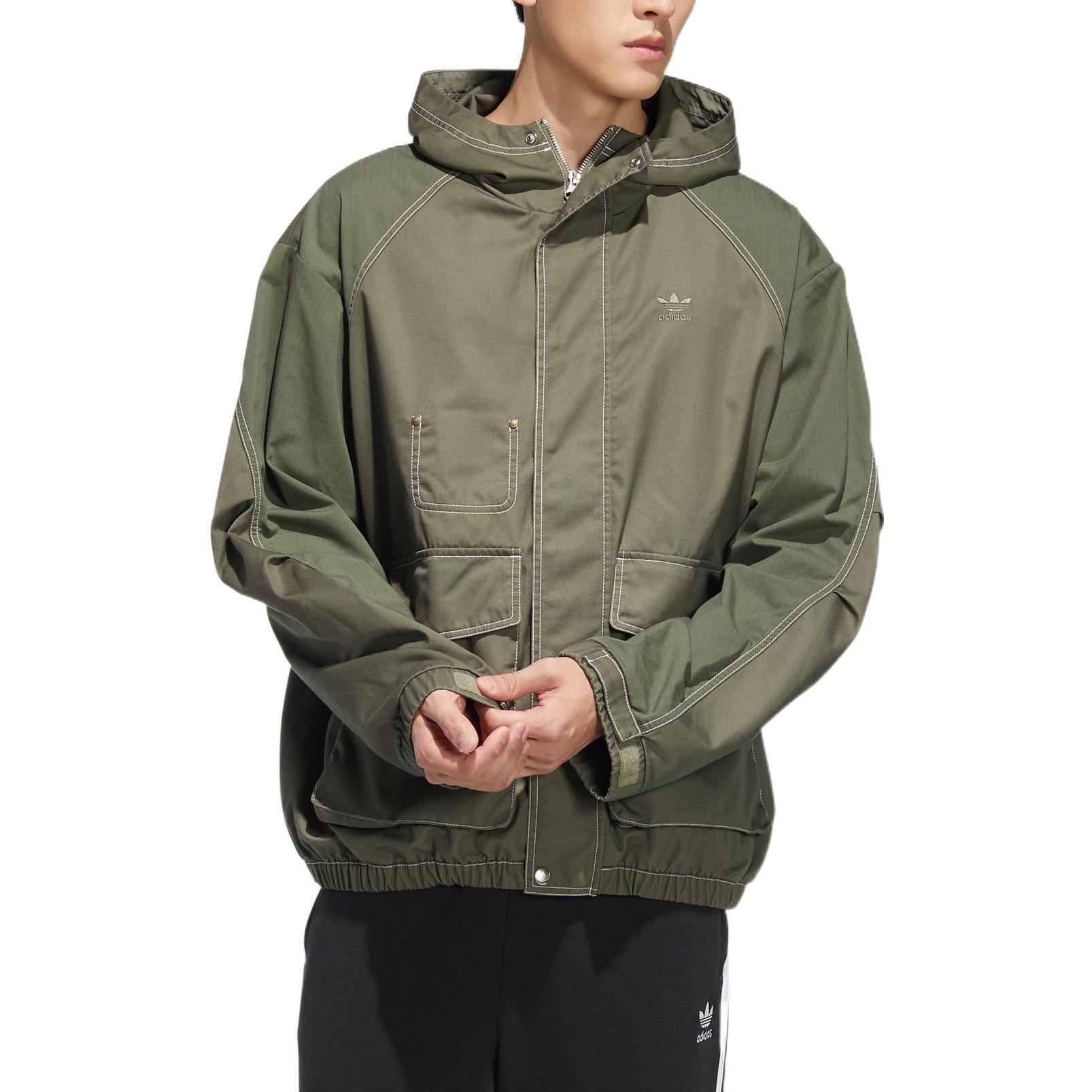 Men's adidas originals Ww Hooded Jkt Sports Embroidered Logo Cargo Solid Color Hooded Jacket Army Green HM8017