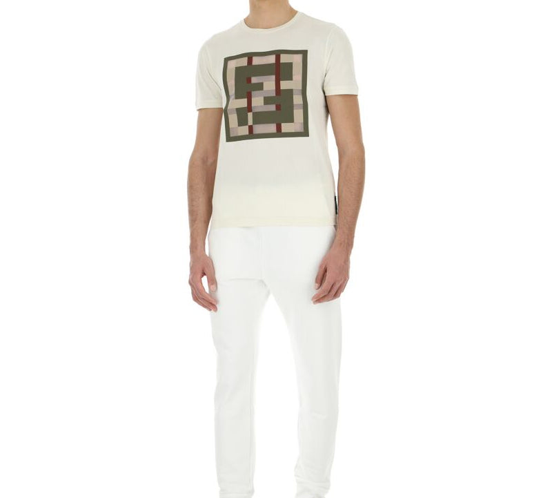 Men's FENDI FF Geometry Pattern Cotton Round Neck Short Sleeve White FY0894ABQY-F0QG1
