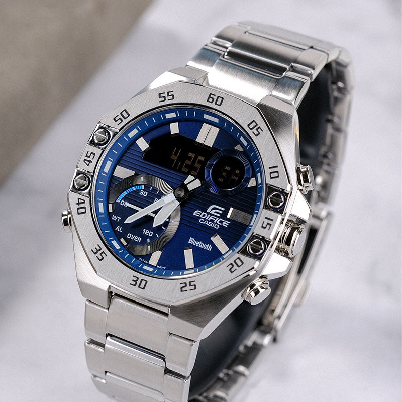 CASIO tooth Waterproof EDIFICE Sports Sapphire Crystal Quartz Solar Powered Mens Blue Analog/Digital Combo ECB-10YD-2APR