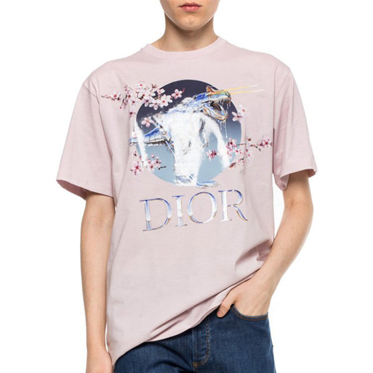 Men's DIOR x Sorayama Crossover Print Sakura Dragon Printing Short Sleeve Pink 933J602B0533-485