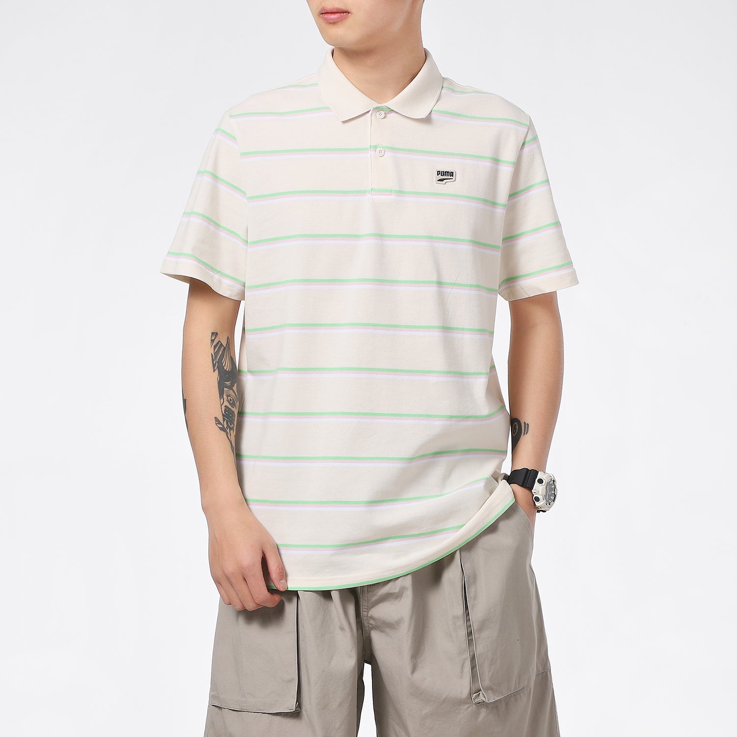 PUMA Downtown Stripe Polo Tee Shirt 'Beige' 599781-75