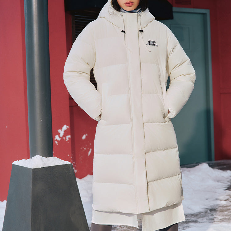 (WMNS) Skechers Casual Hooded Long Woven Down Jacket 'White' L423W131-0074