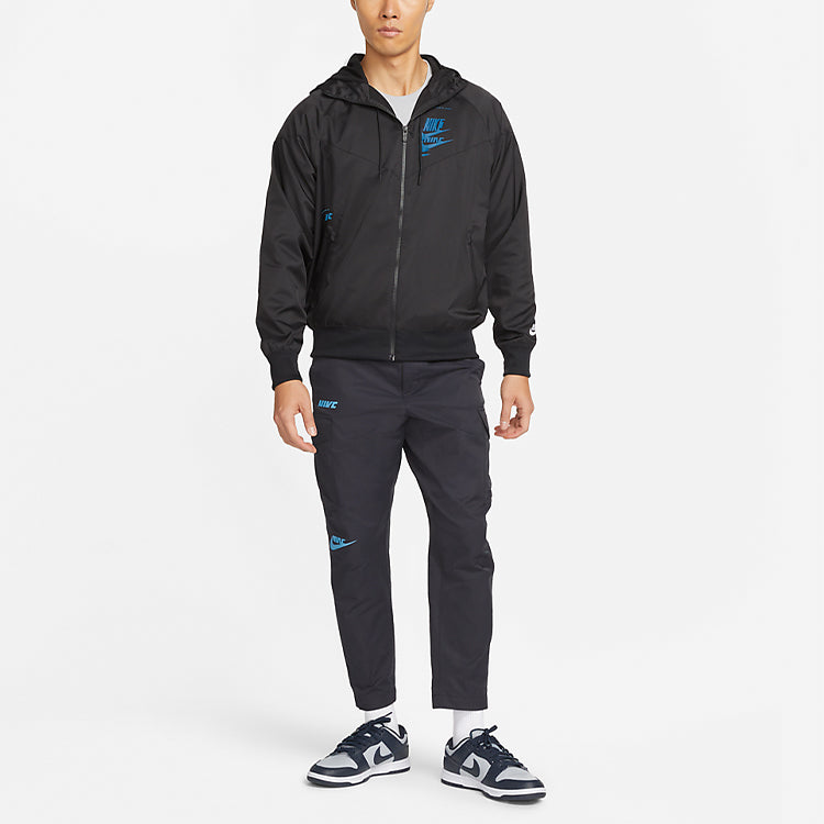 Nike Sportswear Sport Logo Printing Woven Breathable Hooded Jacket 'Black Blue' DM6868-010