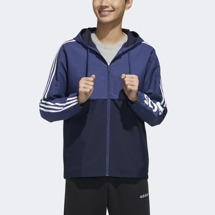 adidas Logo Printing Stripe Contrasting Colors Sports Hooded Jacket Blue FL8625