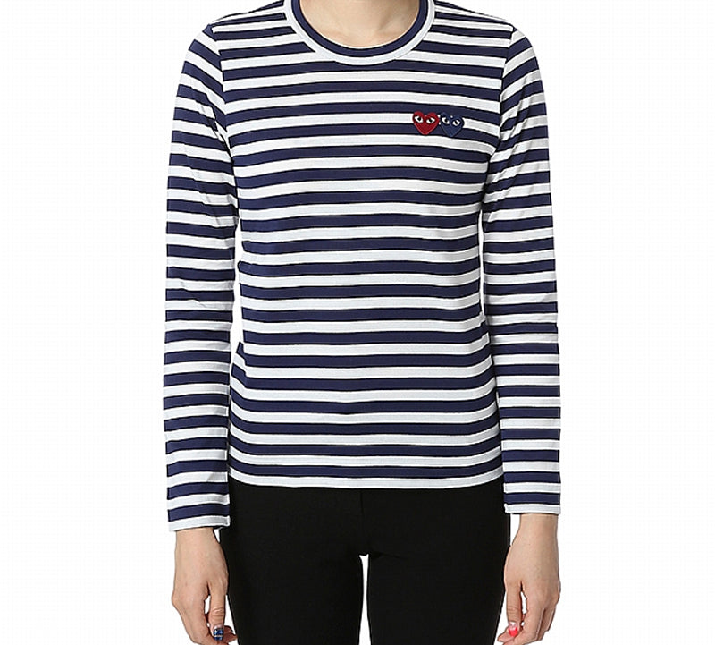 (WMNS) COMME des GARCONS PLAY Striped Double Hearts Logo Long Sleeves Tee 'Navy White' AZ-T227-051-1