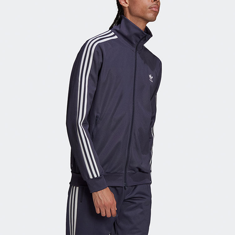 Men's adidas originals Stripe Printing Stand Collar Sports Jacket Dark Grey Navy Blue HB9445