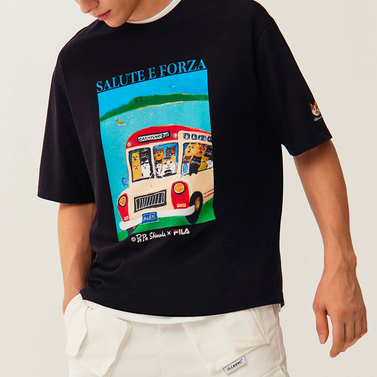FILA x Pepe Shimada Crossover Cat Illustration Round Neck Short Sleeve Black F11M123188F-BK