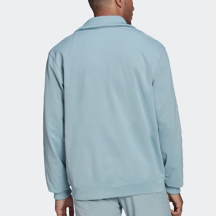Men's adidas Solid Color Zipper Lapel Stripe Long Sleeves Light Blue HC4553