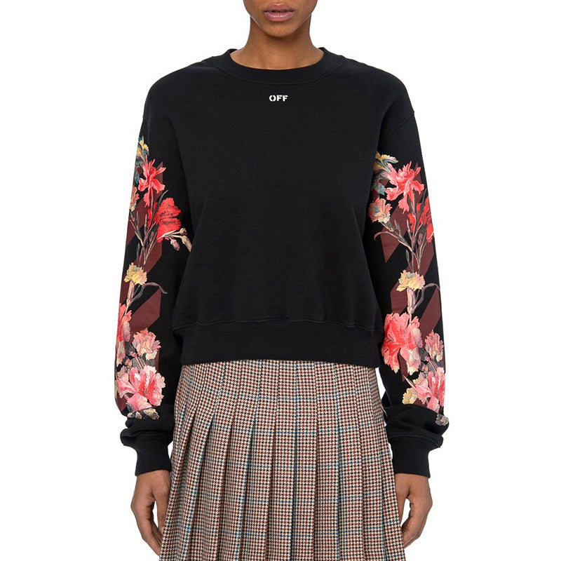 (WMNS) Off-White Logo Flowers Printing Long Sleeves Hoodie Black OMBA026E190030661024