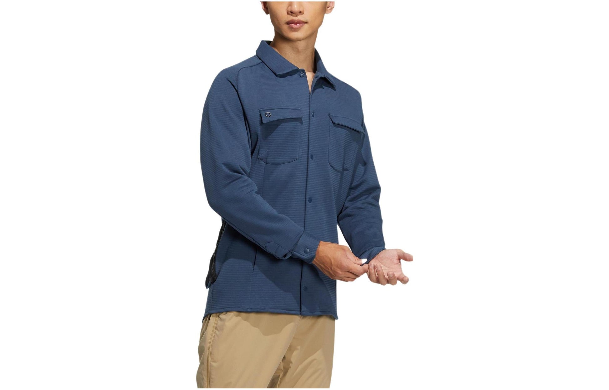 Men's adidas Solid Color Pocket Lapel Long Sleeves Blue Shirt HG3238