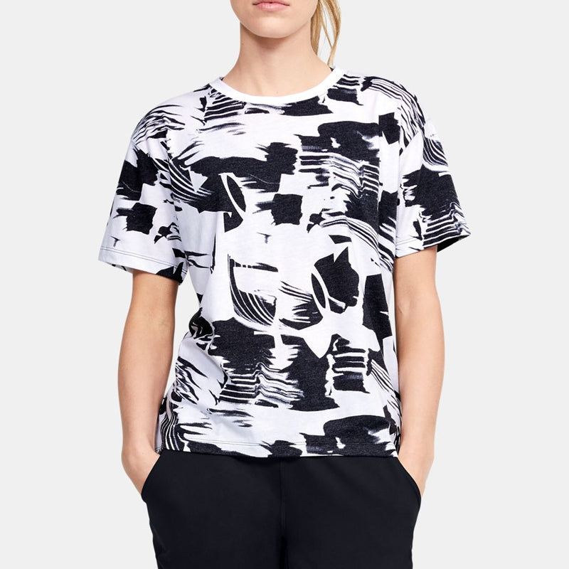 (WMNS) Under Armour Logo Live Training Sports Printing Short Sleeve Black White Printing 1355708-003