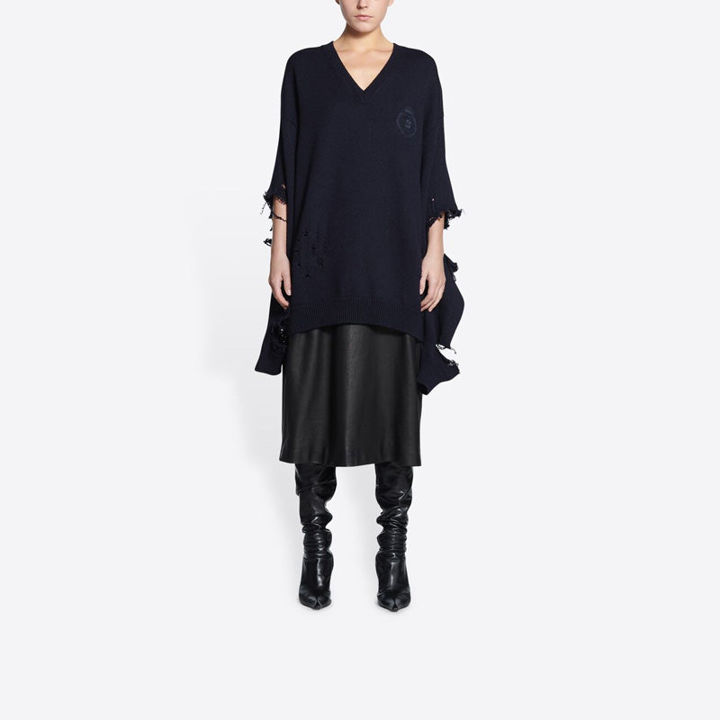 Balenciaga Destroyed V-Neck Knit Sweater 'Navy' 696091T16420414