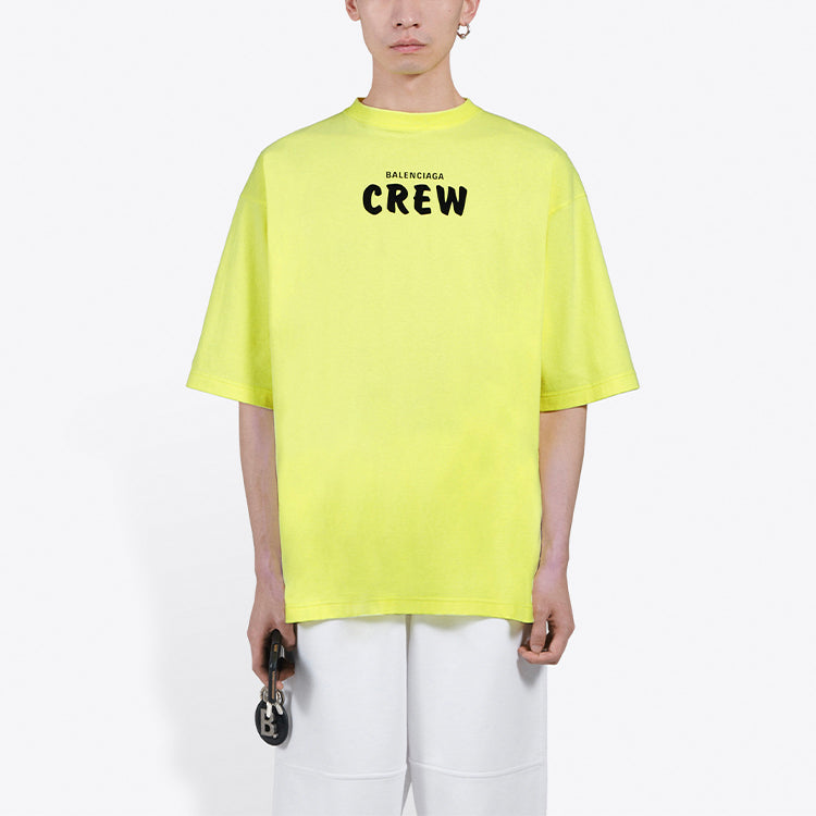 Men's Balenciaga Crew Alphabet Printing Short Sleeve Fluorescent Green 620969TIVG97072