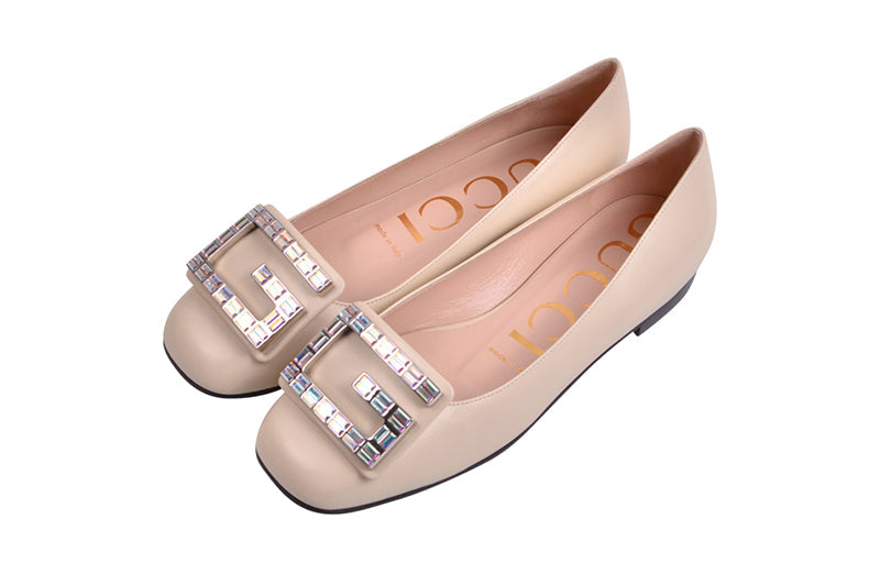 (WMNS) Gucci Leather Ballet Flat With Crystal G 'White' 551434-C9D00-9526