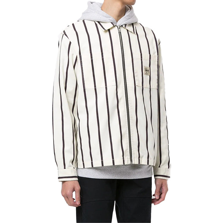 Men's Stussy Stripe Shirt Stand Collar Long Sleeves Jacket Beige 1110092