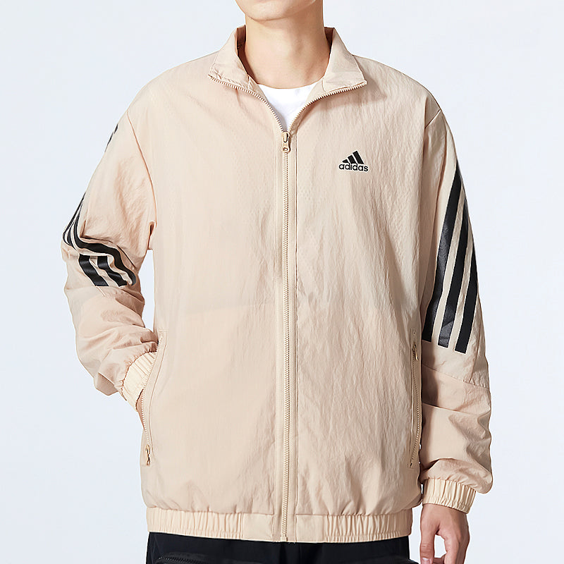Men's adidas Fi Wv Tt Athleisure Casual Sports Woven Stripe Jacket Khaki HU1514