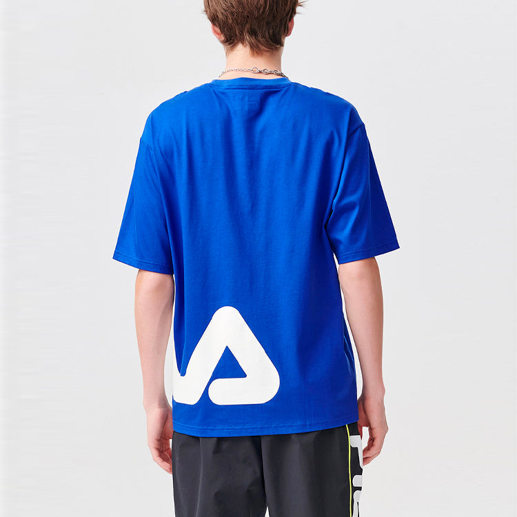 Men's FILA FUSION Contrasting Colors Logo Printing Loose Knit Sports Short Sleeve Blue T-Shirt T11M122114F-BU