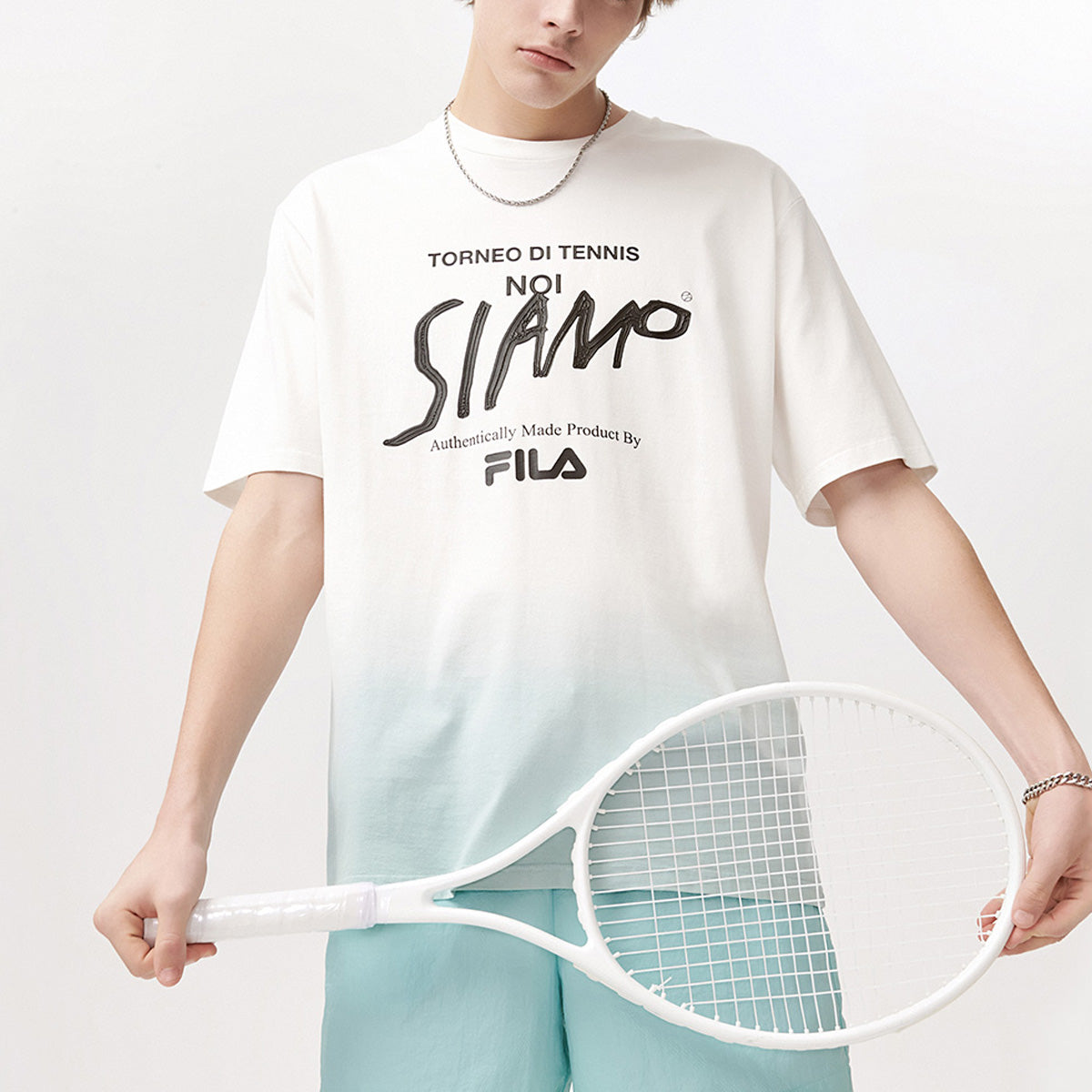 FILA FUSION Gradient Printing Alphabet Loose Knit Short Sleeve Blue T11M121113F-WT