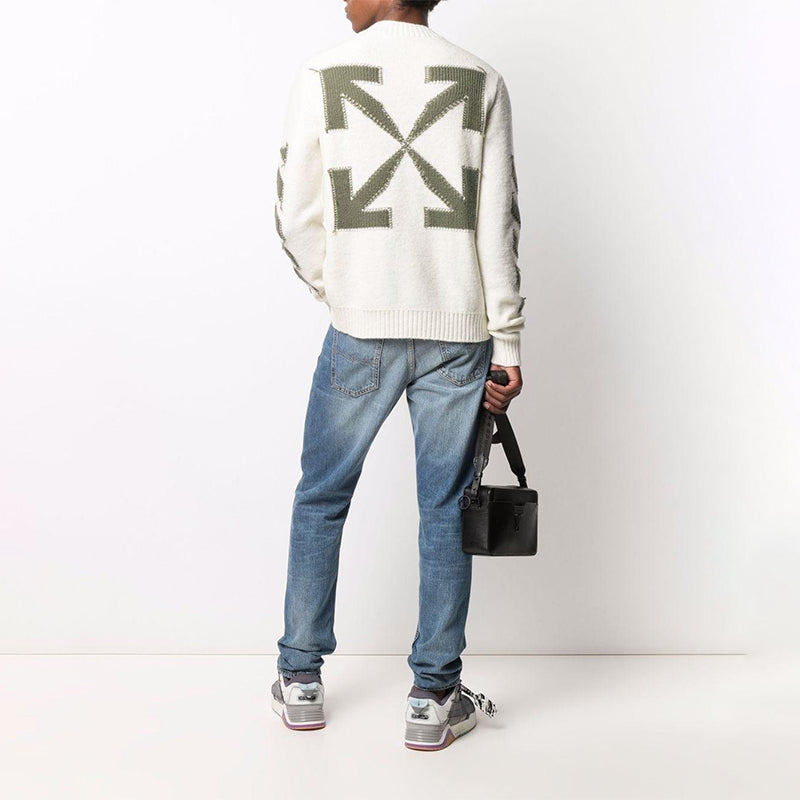 Men's Off-White FW21 Arrow Logo Round Neck Pullover Wool Sweater Loose Fit Milky White OMHE088F21KNI0016155