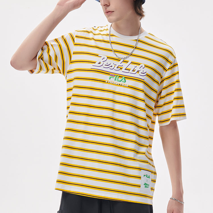 FILA FUSION x Jeremyville Crossover Contrasting Colors Stripe Printing Loose Short Sleeve Couple Style Yellow T11U139108F-WT