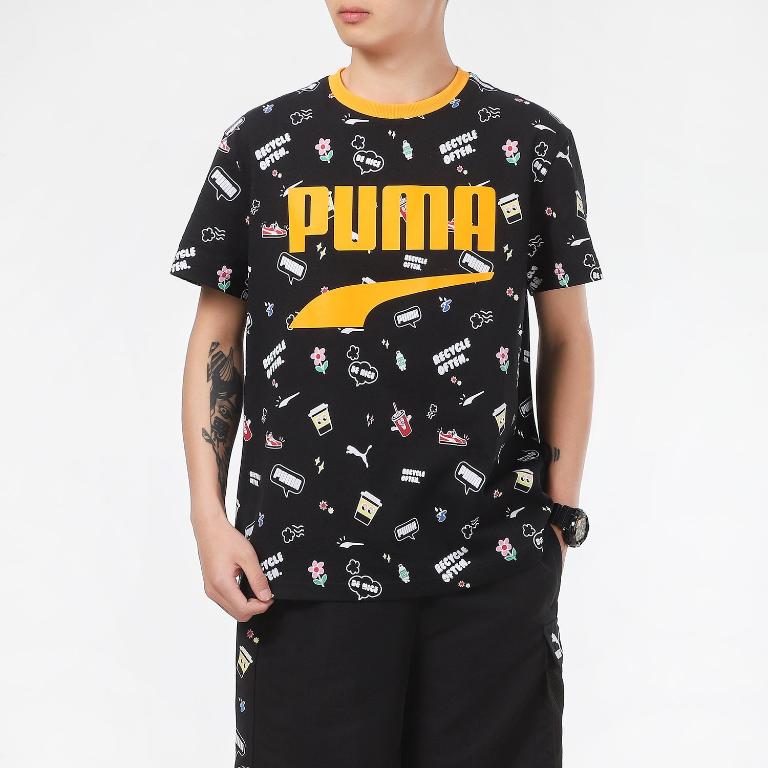 PUMA Awareness Aop Tee Sports Alphabet Printing Short Sleeve Black 532033-01