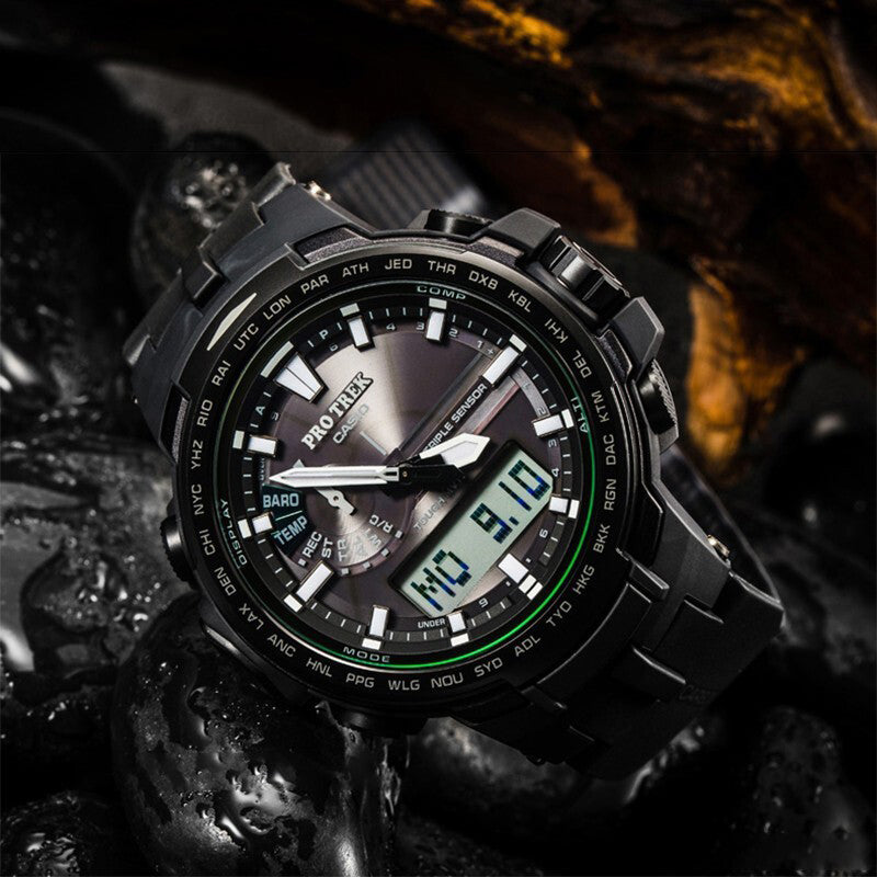 CASIO solar electric wave outdoor sports male waterproof /Blue Solar Powered Mens Black Analog/Digital Combo PRW-6100FC-1PR