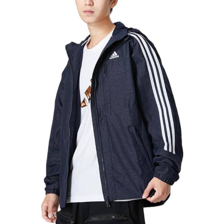 Men's adidas Classic Logo Printing Zipper Hooded Jacket Navy Blue HM2721