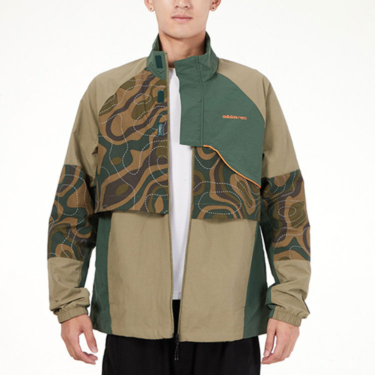 Men's adidas neo Cg Jk2 Contrast Color Stitching Sports Stand Collar Logo Jacket Military Green HE7944