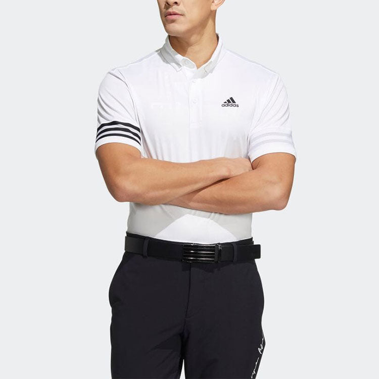 Men's adidas Logo Printing Stripe Button Short Sleeve Polo Shirt White HA3115