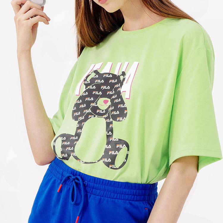 FILA Bear Printing Short Sleeve Couple Style Fluorescence Green F51U048101F-LG