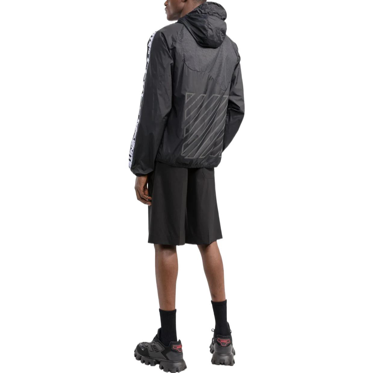 Men's Off-White SS22 Splicing Retro Sports Logo Jacquard Zipper Hooded Jacket Black OMVL014C99FAB0011001