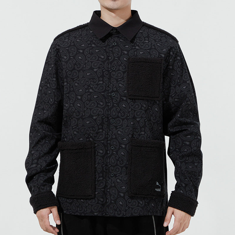 PUMA Paisley Woven Shirt cashew Pattern Multiple Pockets logo Jacket Black 534978-01
