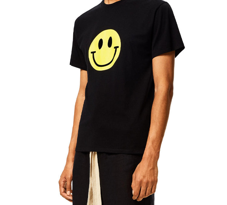 Men's LOEWE Chest Yellow Smiling Face Short Sleeve Black H616341X87-1100