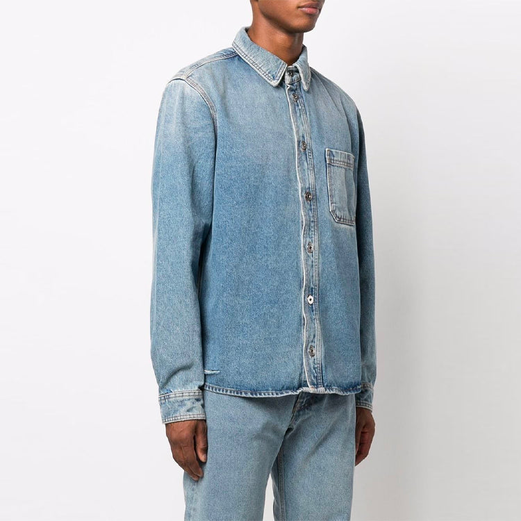 Men's Off-White FW21 Casual Distress Denim Long Sleeves Loose Fit Blue Shirt OMYD030F21DEN0014101
