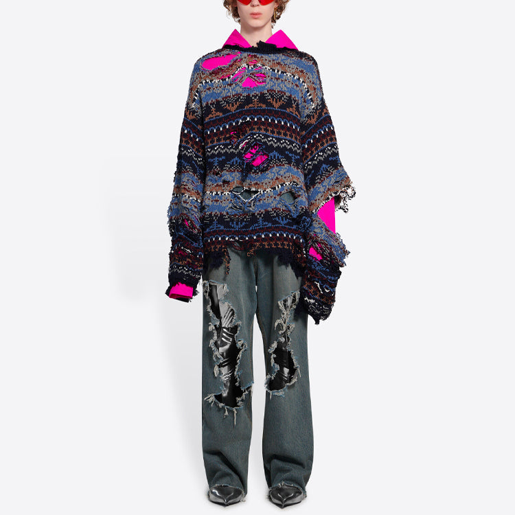 Balenciaga Destroyed Fair Isle Wool-Blend Jumper 'Blue' 662518T16028088