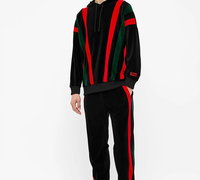 Gucci Velvet Striped Hooded Drawstring Sweatshirt For Men Black 598983-XJBPG-1082