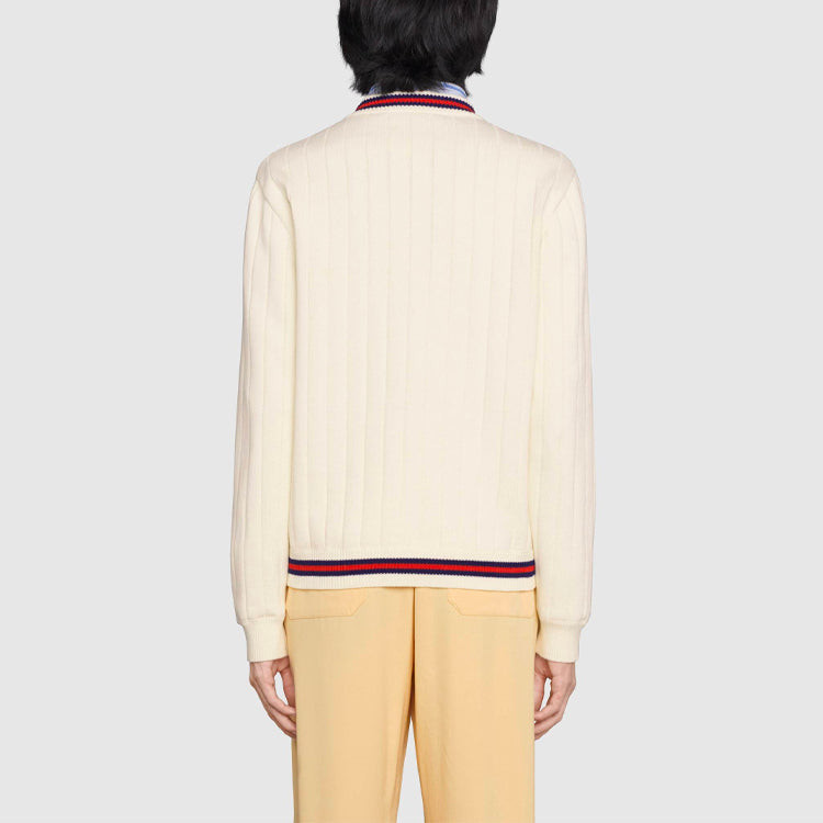 Men's Gucci SS21 Knit V Neck Webbing Wool Sweater Beige 653626-XKBUR-9182
