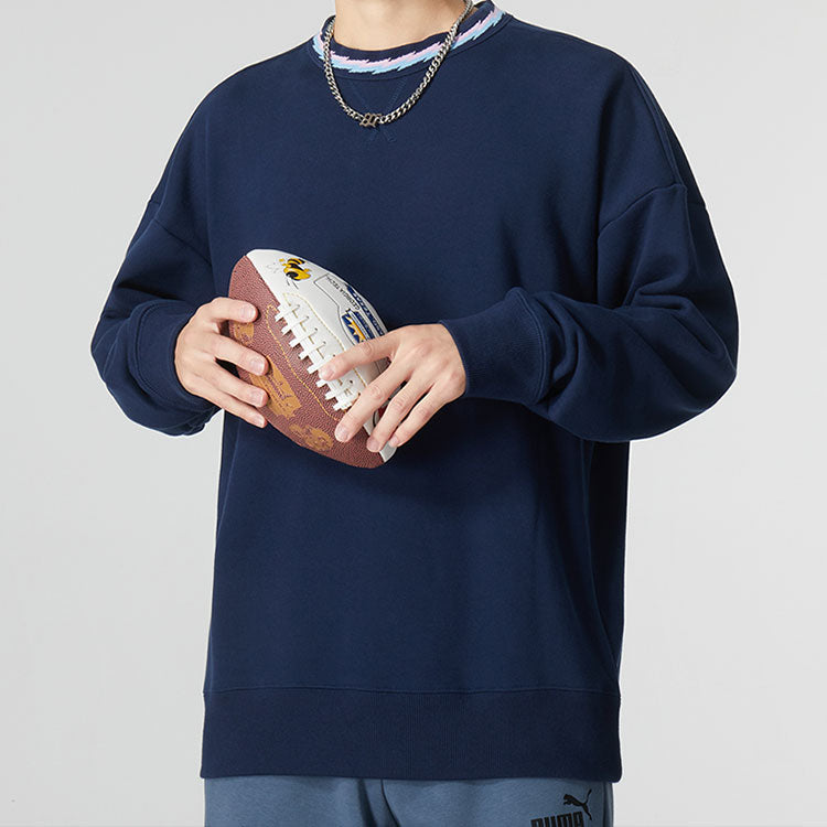 Men's adidas AFC LS CR SWT Solid Color Loose Round Neck Pullover Navy Blue HF4036