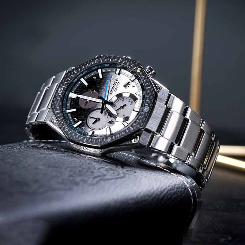 CASIO EDIFICE Sports Solar Powered Waterproof Sapphire Crystal Black DialSilver Strap Mens BlackSilver Analog EQB-1100AT-2APR