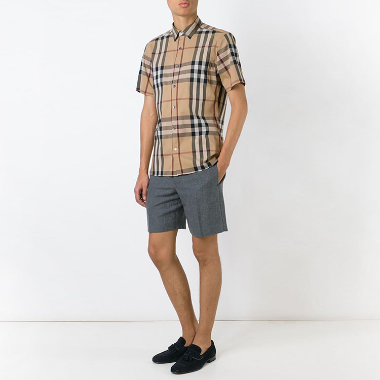 Men's Burberry SS21 Plaid Button Short Sleeve Shirt Khaki 45575971