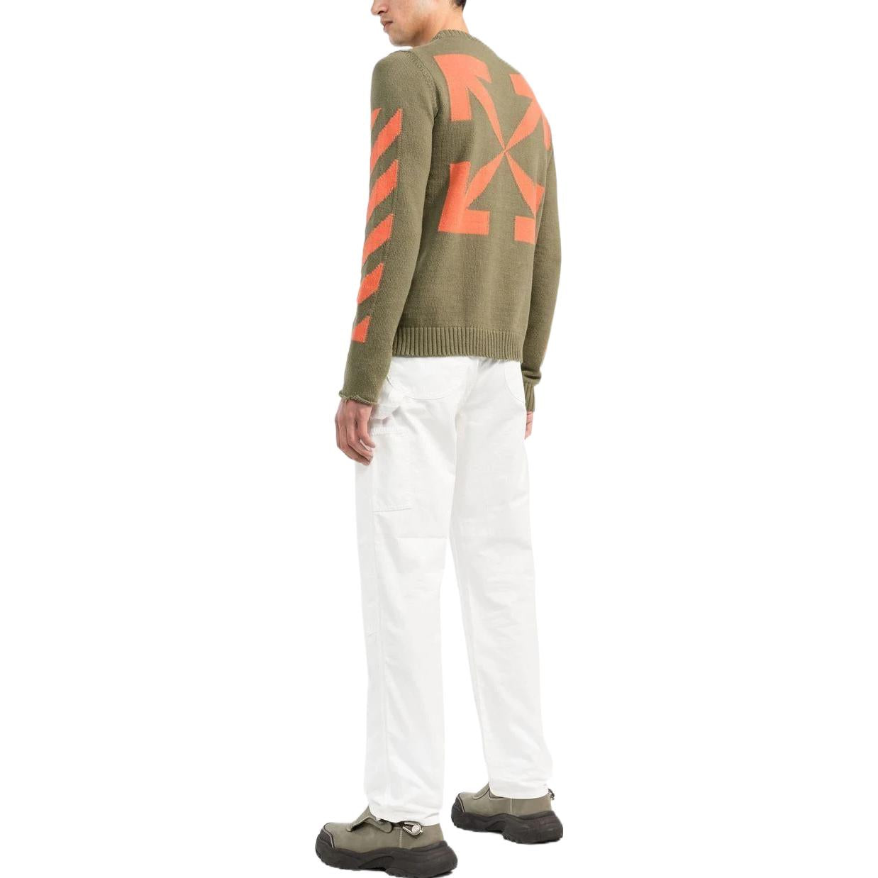 Men's Off-White Logo Pattern Round Neck Pullover Slim Fit Version Green OMHE023F22KNI0015620